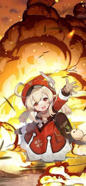 穿著紅色服裝的動漫女孩，被火花四濺的熾熱爆炸包圍。