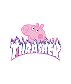 Peppa Pig 頭部在粉紅色和藍色火焰 Thrasher 標誌上方 — Motorola Razr 70 Ultra 壁紙