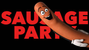 動畫香腸角色戴著白色手套，在紅色文字「SAUSAGE PARTY」旁邊微笑。