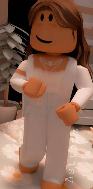 Roblox頭像穿著白色服裝站在室內花卉床罩上 — 美學女孩 壁紙