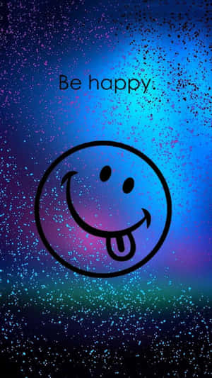 一個快樂的吐舌笑臉在星空宇宙背景上，並帶有文字 Be happy。