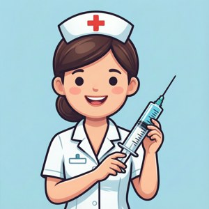 一位微笑的卡通護士，身穿白色制服，拿著注射器。