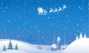 聖誕老人乘坐雪橇飛過白雪覆蓋的村莊，有星星和雪花