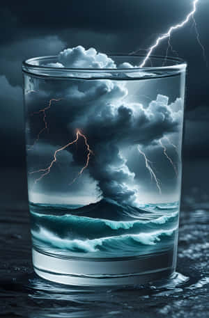一個裝滿風暴場景的玻璃杯，顯示閃電在海洋波浪上方。 — 閃電 GIF 壁紙