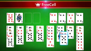 FreeCell接龍遊戲界面，卡片在綠色絨布背景上。