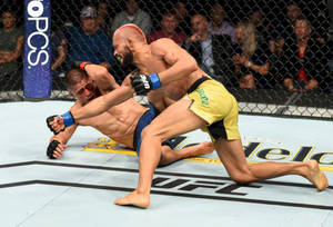 兩名MMA拳手在比賽中於UFC八角籠內纏鬥。