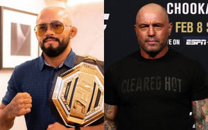 兩名男性MMA拳手，一人手持UFC冠軍腰帶，另一人穿著帶有紋身的黑色T恤。