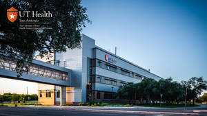 UT Health San Antonio醫療中心建築，有樹木和晴朗天空 — 天際線 壁紙