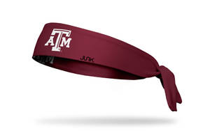栗色 Texas A&M 頭帶，帶有白色標誌和黑色文字，打結。