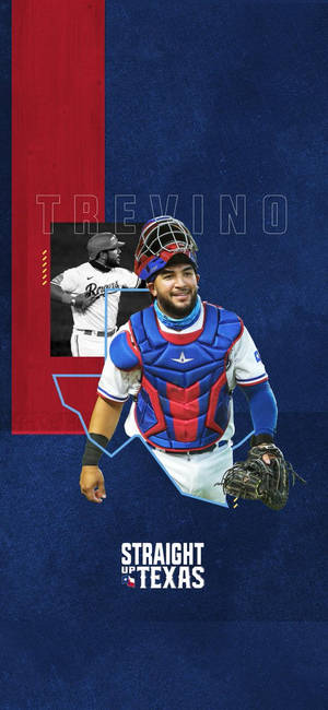棒球捕手Trevino身穿裝備，背景為藍色和紅色，帶有'Straight Up Texas'文字。