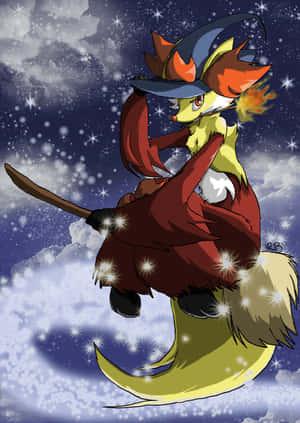 一隻尾巴火紅的狐狸女巫騎著新月飛過雪夜星空。