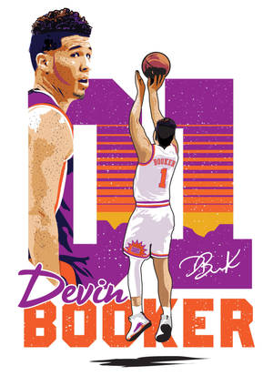 Devin Booker 在風格化的日落背景下投籃的動作，並顯示他的名字。