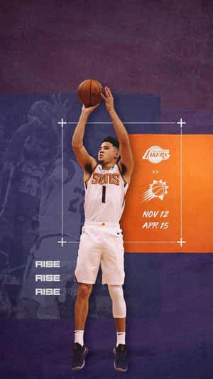 身穿白色Suns球衣的籃球運動員，背景有Lakers標誌和日期，正在投籃。 — 鎖定螢幕 壁紙