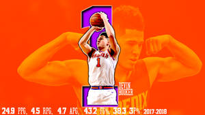 Devin Booker 在橙色背景上投籃，並顯示統計數據。
