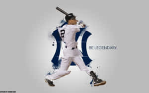 身穿細條紋球衣的棒球選手揮棒，背景有藍色油漆飛濺和「BE LEGENDARY」文字。