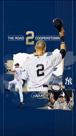 身穿洋基隊球衣的 Derek Jeter 高舉球帽和獎盃慶祝。
