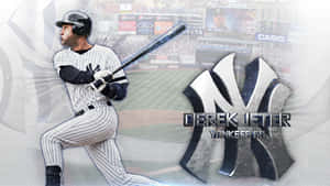 Derek Jeter 洋基隊棒球選手打擊姿勢，附有球隊標誌。