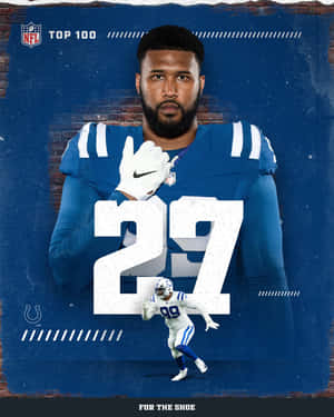 身穿藍色球衣、號碼27的NFL球員站立，下方有較小的動作鏡頭。
