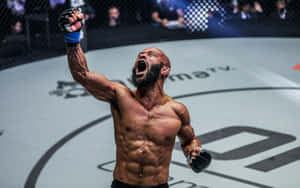 一位勝利的MMA拳手在八角籠中舉起拳頭。