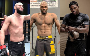 三名穿著健身服的男性MMA拳手為拍照擺姿勢。