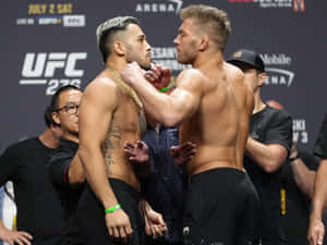 兩名赤裸上身的MMA拳手在UFC稱重活動中對峙。 — 4:3 壁紙