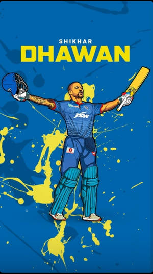 板球運動員 Shikhar Dhawan 手持球棒和頭盔慶祝勝利。