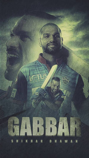 板球運動員 Shikhar Dhawan 手持球棒，身後有幽靈面孔在暴風雨天空下。