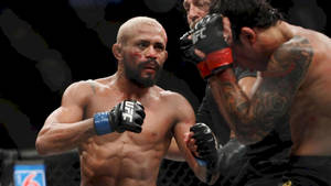 兩名男性MMA拳手在UFC比賽中互毆，可見血跡。