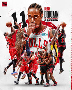 DeMar DeRozan 籃球運動員拼貼，展示公牛隊制服中的統計數據和比賽亮點。