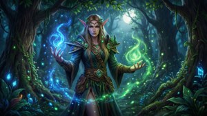 精靈法師在月光照耀的魔法森林中施展發光的藍色和綠色魔法。