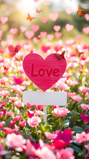 一個粉紅色心形標誌上寫著love，在粉紅玫瑰田中，周圍有蝴蝶和漂浮的心形。 — 粉紅 壁紙