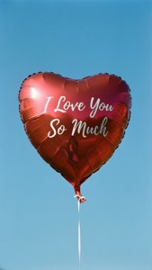 紅色心形氣球帶有 I Love You So Much 訊息在藍天中飄浮
