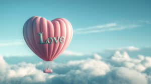 粉紅色心形氣球帶有love字樣，漂浮在藍天白雲之上 — 靚女gif 壁紙
