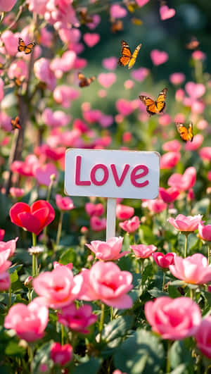 一個白色標牌，用粉紅色字母寫著「Love」，被粉紅玫瑰和橙色蝴蝶環繞。 — 粉紅 壁紙