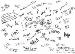 牆上覆蓋著憤怒的手寫短語，如 hate alone 和 revenge。