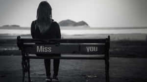 人坐在寫有 'Miss you' 的長椅上，面向水面。