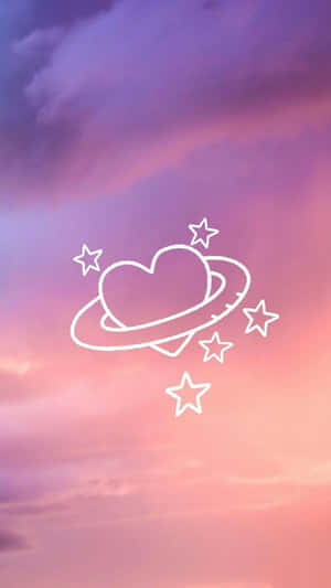 一顆心形行星，帶有光環和星星，在粉紅色紫色天空中 — 玫瑰金風格 壁紙