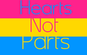 在彩色條紋上帶有Hearts Not Parts文字的圖形設計