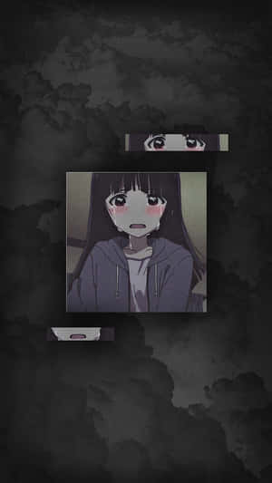 深色頭髮和紅潤臉頰的動漫女孩在破碎的框架中看起來很驚訝。