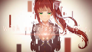 穿著校服的動漫女孩在雨中手持發光的心形。