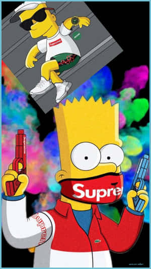 巴特·辛普森身穿Supreme服裝，在色彩繽紛的爆炸背景中手持兩把槍。