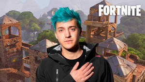 青綠色頭髮的玩家在《Fortnite》遊戲環境前。