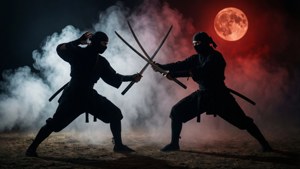 兩名忍者戰士以剪影形式在紅月下交鋒劍刃，煙霧在他們周圍旋轉。