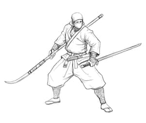 忍者戰士手持武士刀和薙刀的戰鬥姿勢。