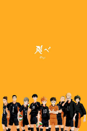 身穿黑色制服嘅動漫排球隊企喺橙色背景前，帶有「Fly」文字。