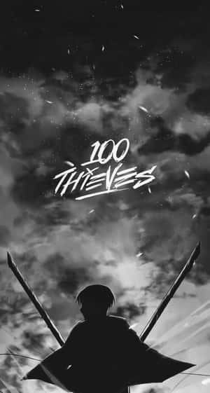 動漫戰士剪影在暴風雨天空下握著交叉的劍，並有 100 THIEVES 文字。