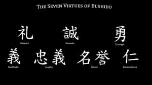 黑色背景上以日文漢字呈現的七個武士道美德，附有英文翻譯。 — 武士 壁紙