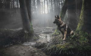 德國牧羊犬坐在霧氣瀰漫的森林溪流旁，陽光穿過樹木灑落。