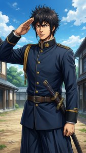 動漫士兵穿著海軍制服，在戶外腰間佩帶武士刀敬禮。