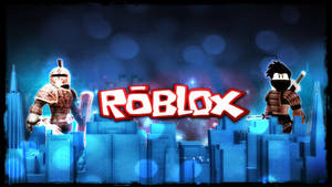 夜間發光藍色城市天際線上的兩個 Roblox 角色。